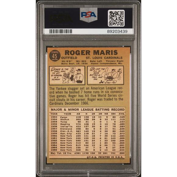 1967 Topps #45 Roger Maris Auto PSA/DNA Authentic St Louis Cardinals - Picture 2 of 3